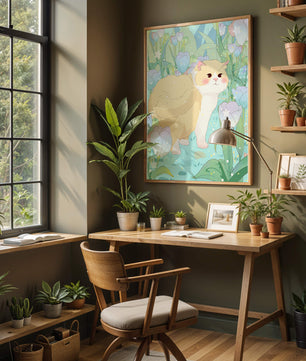 Charmante illustration d’un chat dans un jardin luxuriant de tulipes