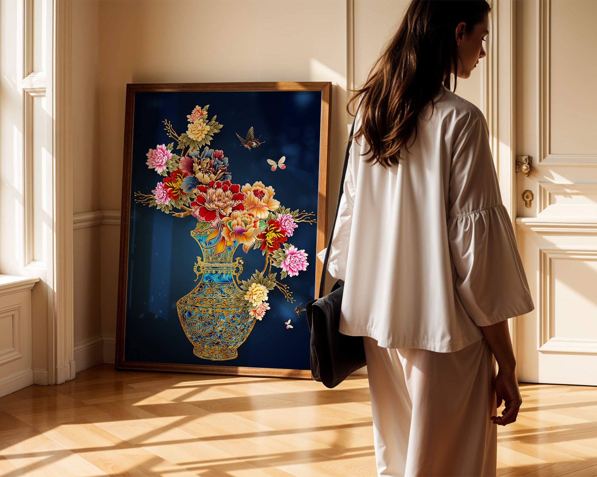 Elegant floral arrangement in ornate gold-accented vase with butterflies
