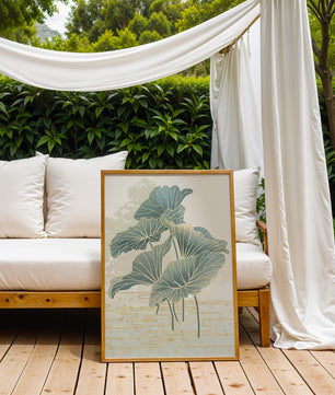 Elegant botanical illustration featuring large leaves with golden accents