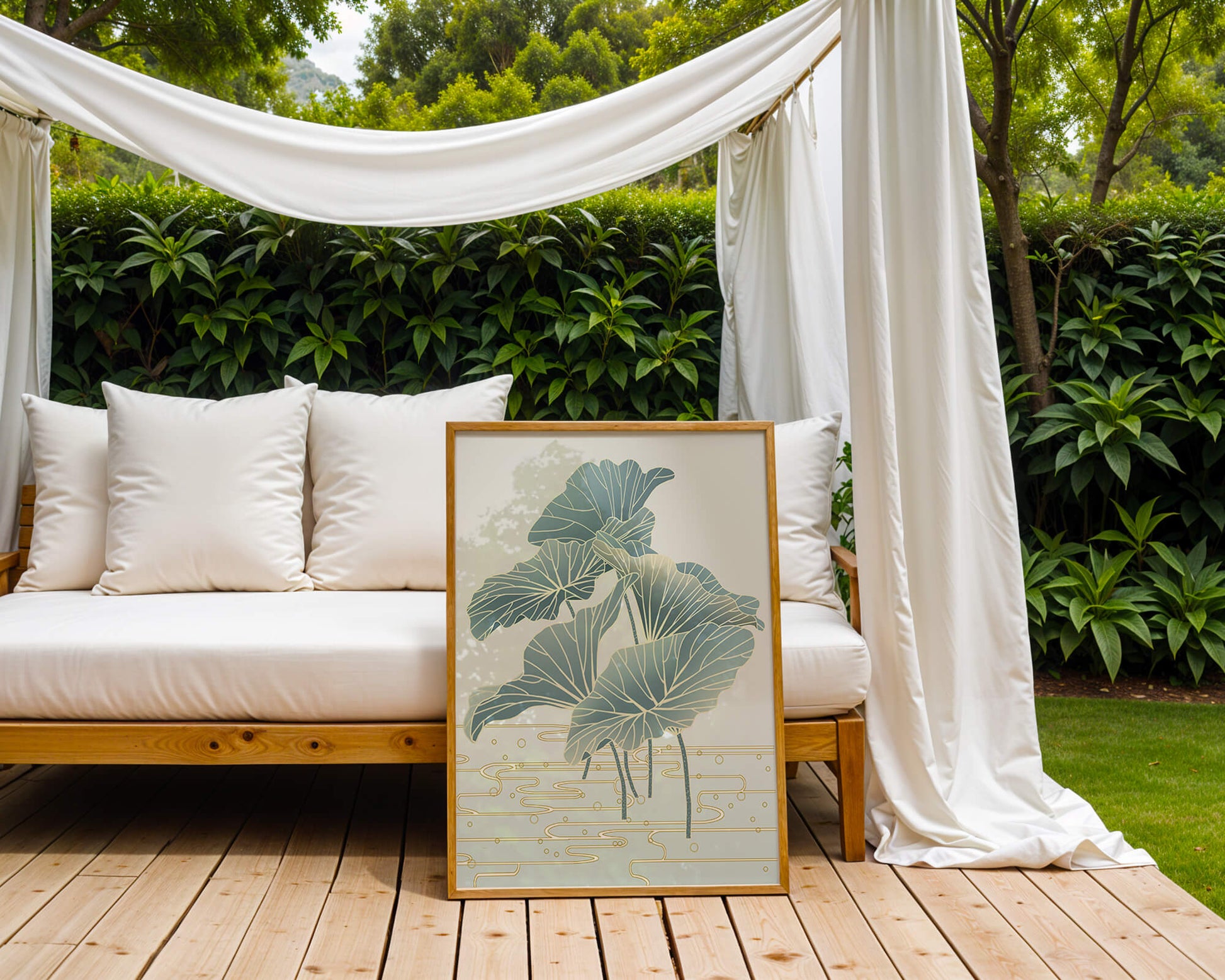 Elegant botanical illustration featuring large leaves with golden accents