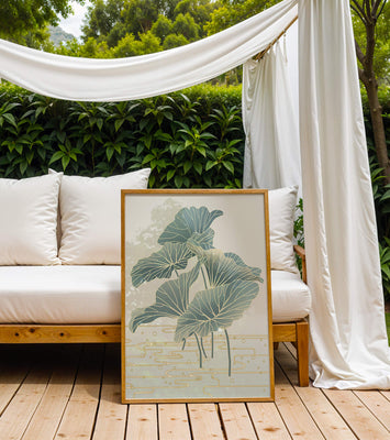 Elegant botanical illustration featuring large leaves with golden accents