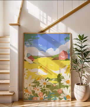 Summer Landscape with Birds and Flowers in a Pastoral Setting