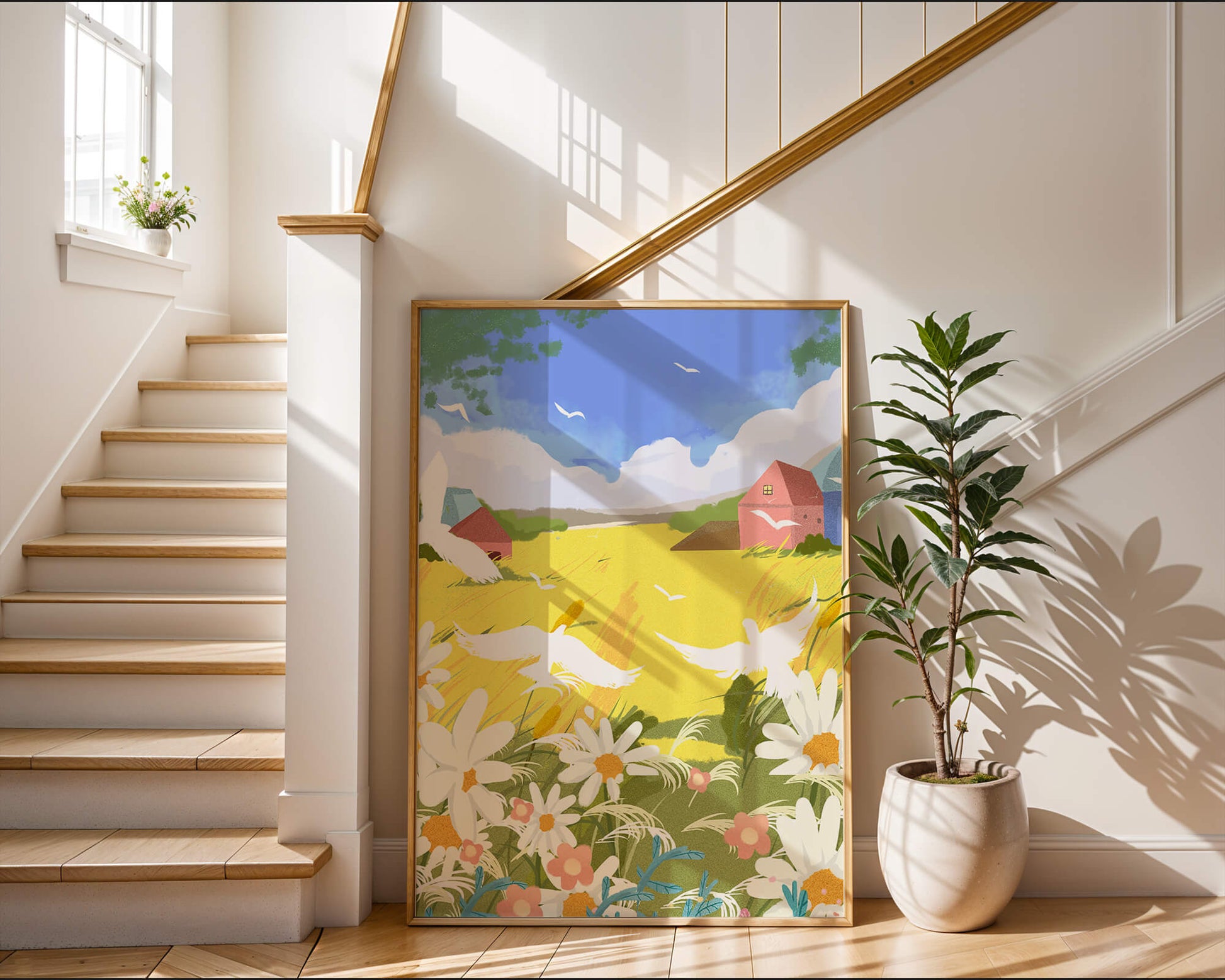 Summer Landscape with Birds and Flowers in a Pastoral Setting