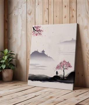 Paisaje sereno con árbol de cerezo y pagodas distantes