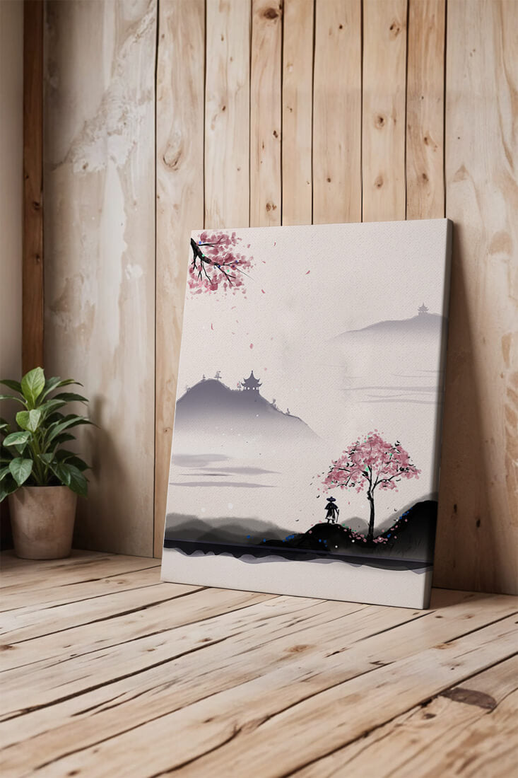 Paisaje sereno con árbol de cerezo y pagodas distantes