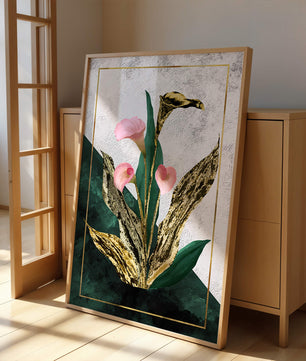 Abstrakte botanische Kunst mit rosa Calla-Lilien und goldenen Blättern