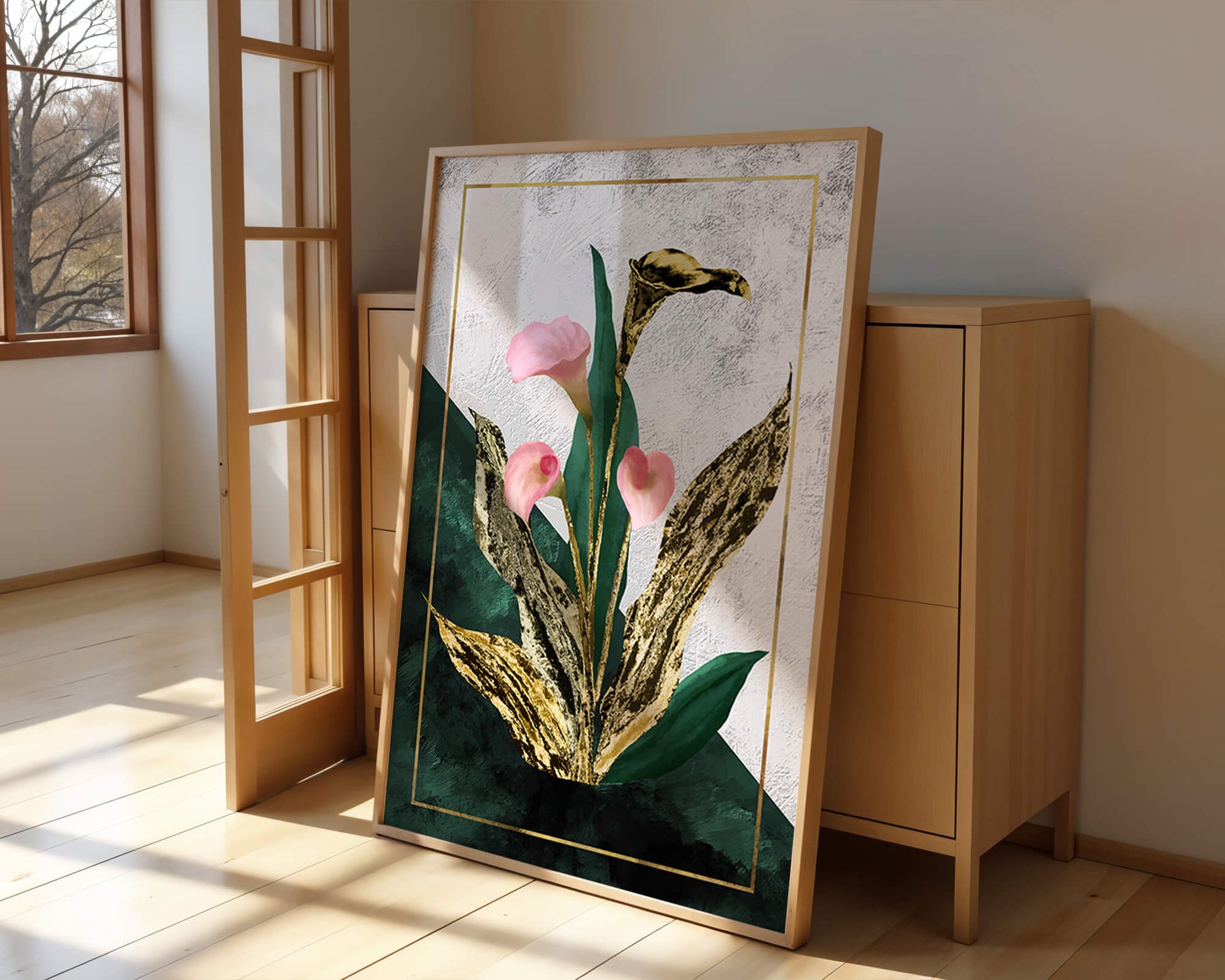 Abstrakte botanische Kunst mit rosa Calla-Lilien und goldenen Blättern