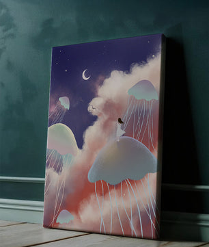 Dreamy Scene with Floating Jellyfish and Moonlit Sky