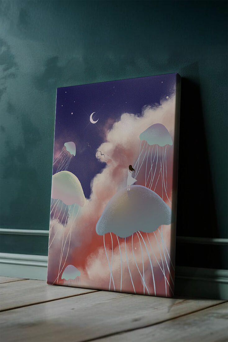 Dreamy Scene with Floating Jellyfish and Moonlit Sky