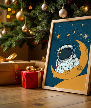 Charming Astronaut Sitting on a Crescent Moon with Stars in Space - Mi tienda
