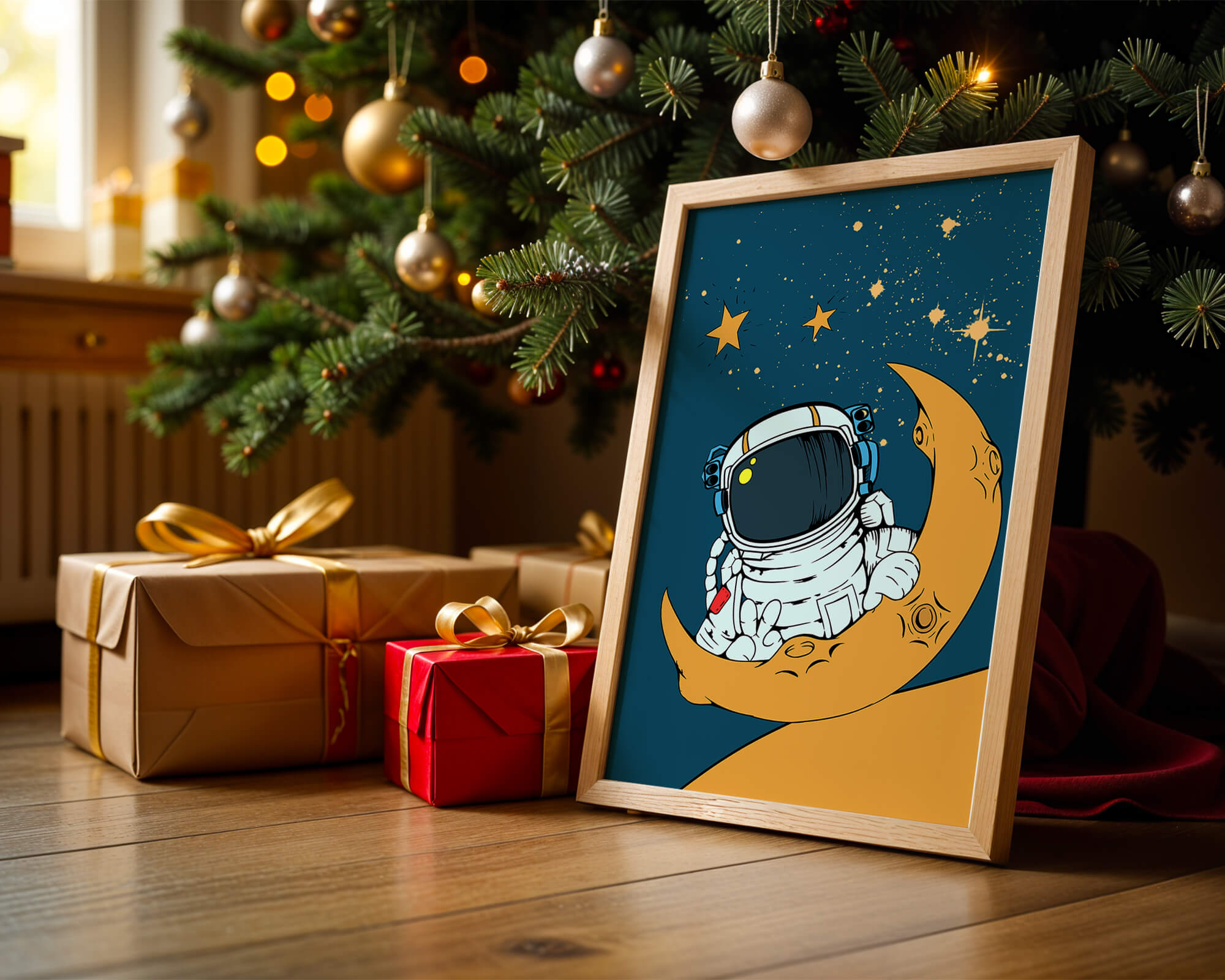 Charming Astronaut Sitting on a Crescent Moon with Stars in Space - Mi tienda
