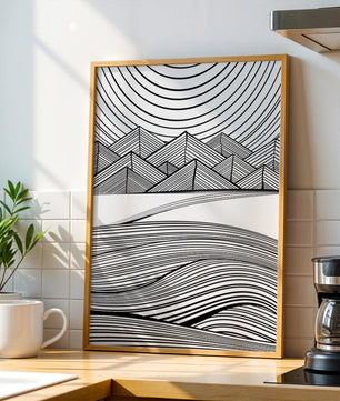 Abstract Black and White Geometric Landscape with Line Art
