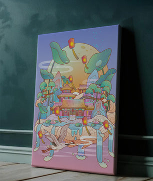 Illustration pittoresque d’un temple chinois avec des lanternes flottantes et un paysage serein