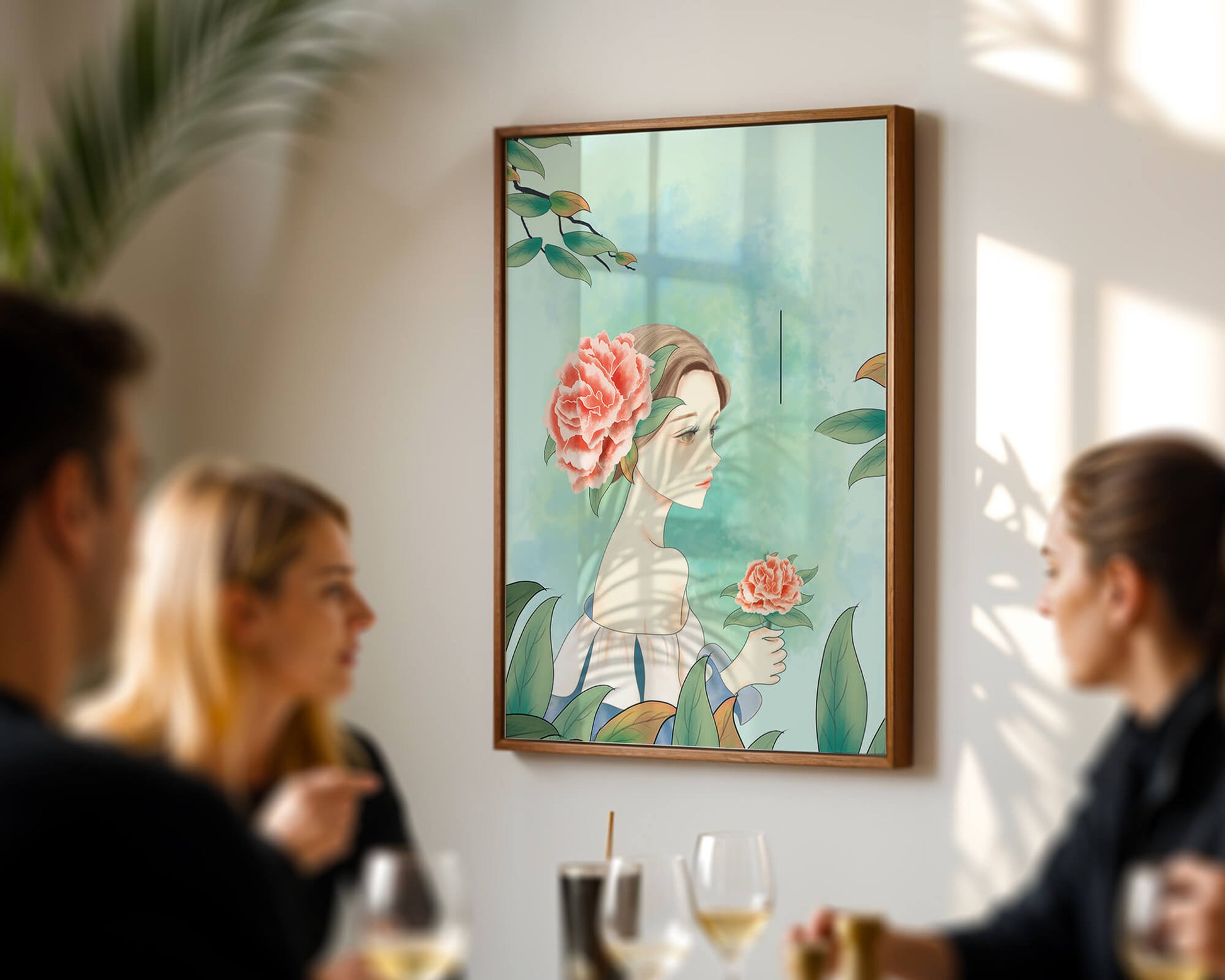 Illustration of a woman with a flower and text saying "Hello, July"