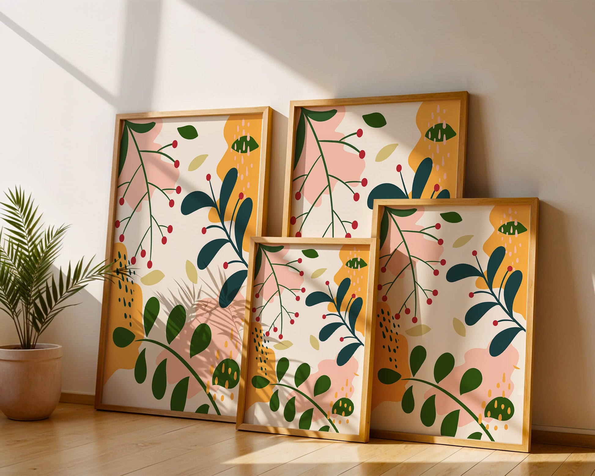 Farbenfrohes abstraktes Blumenmuster mit grünen und gelben Blättern 