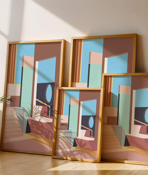 Diseño arquitectónico moderno con elementos geométricos pastel