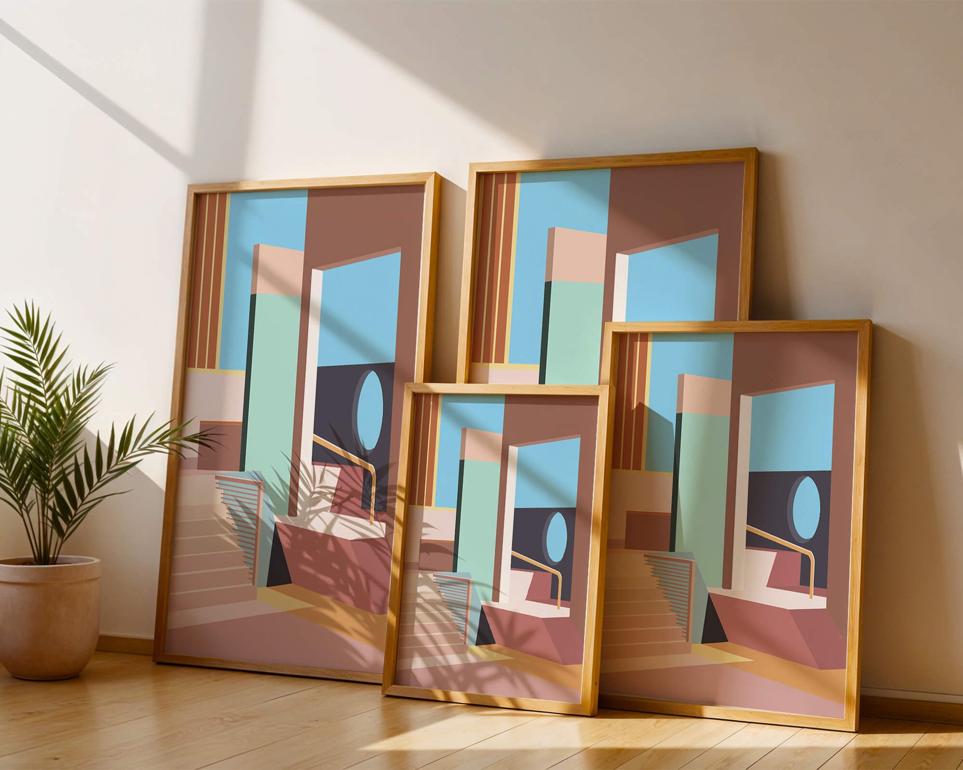 Diseño arquitectónico moderno con elementos geométricos pastel