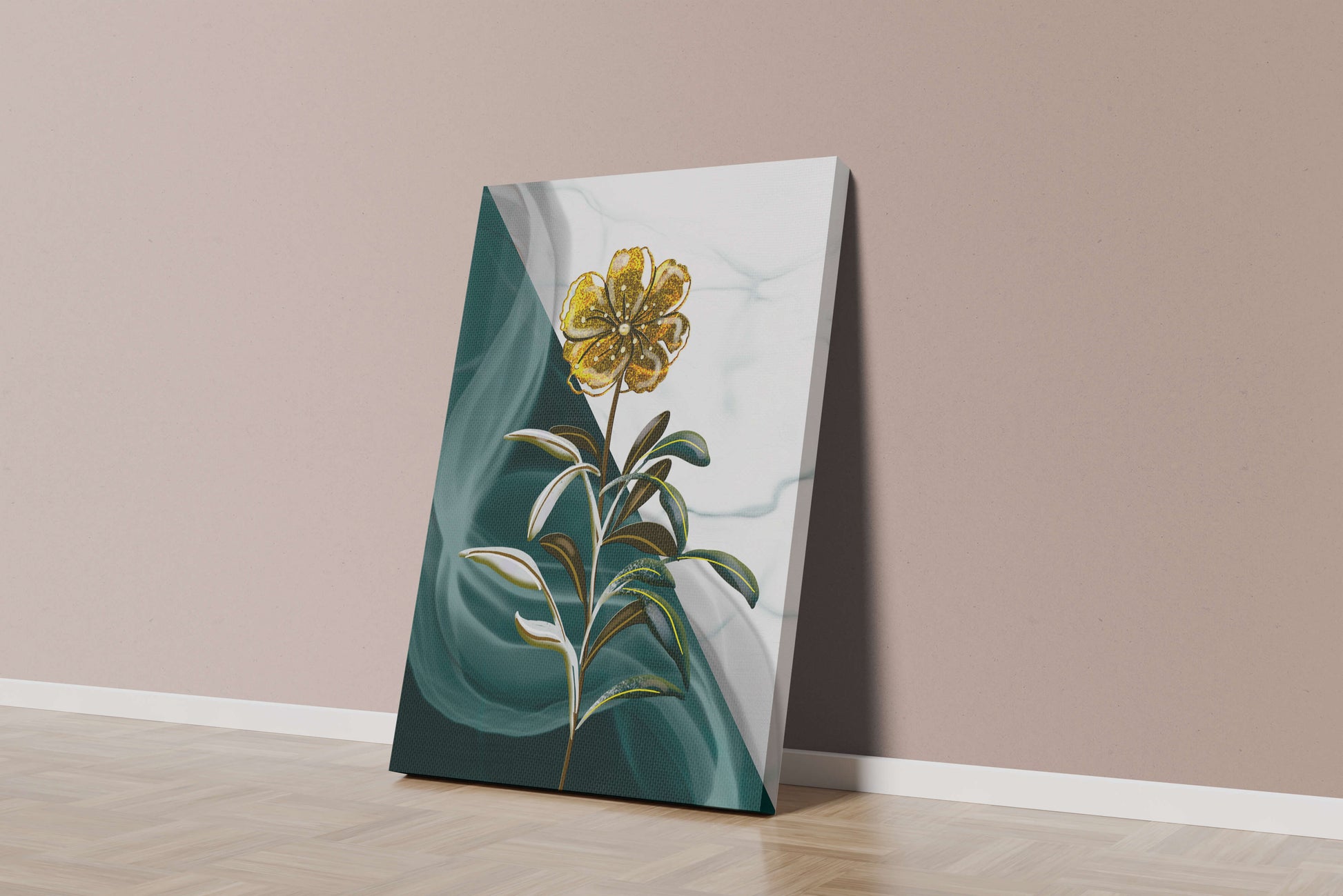 Abstract floral design featuring a golden flower with textured leaves