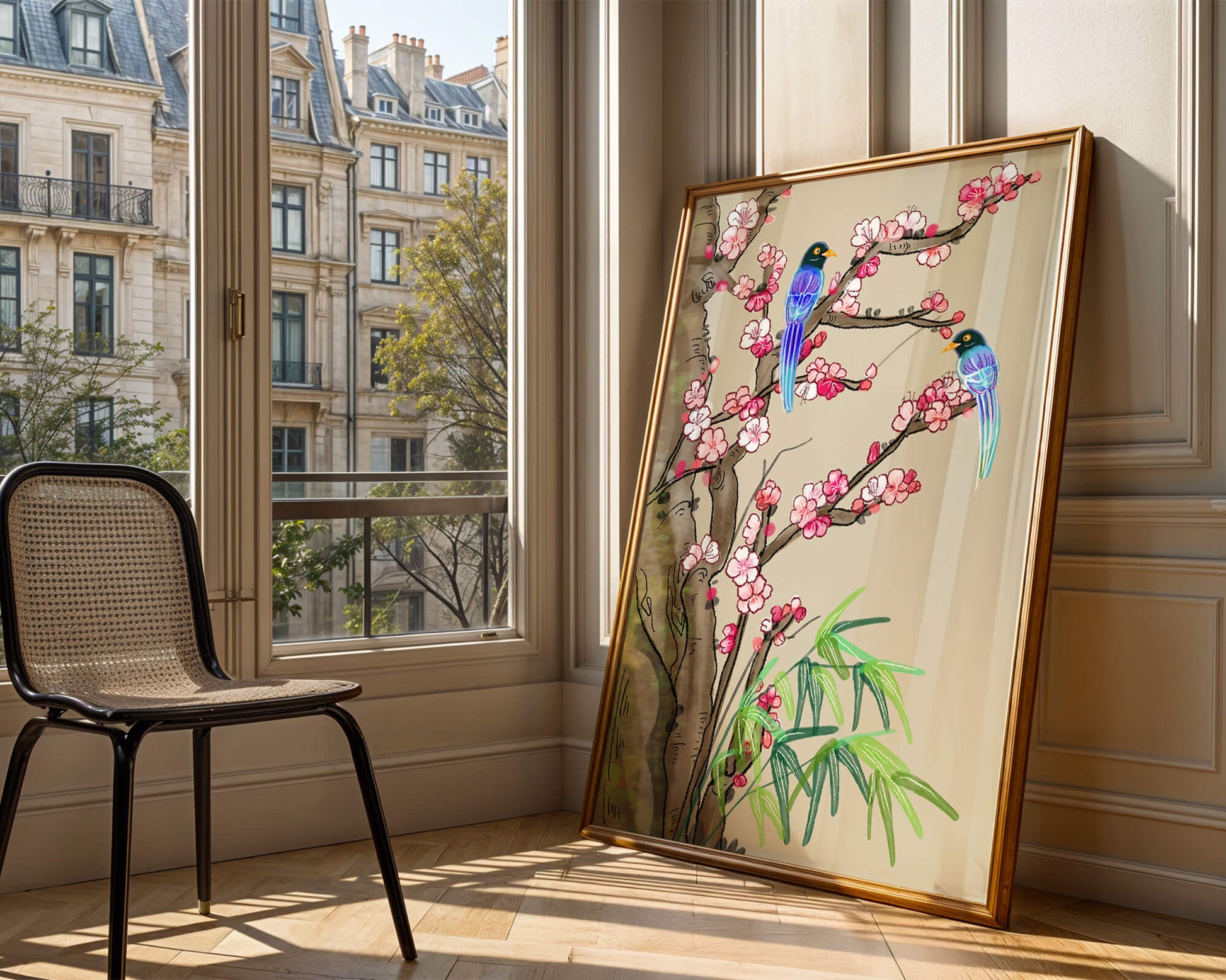Illustration sereine d’oiseaux sur des branches en fleurs avec des feuilles de bambou