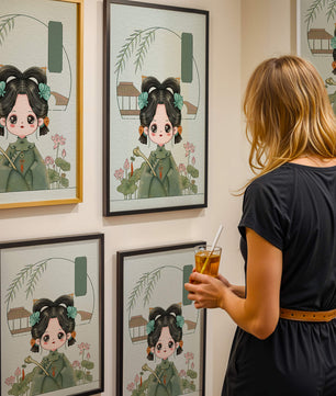Charming illustration of a cute character in traditional Asian attire with floral elements