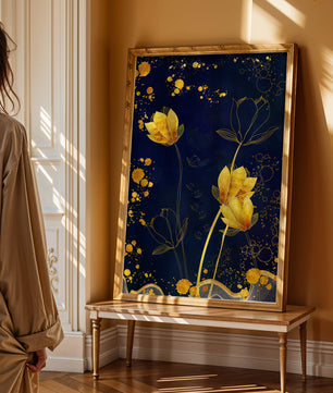 Diseño floral elegante con flores doradas sobre fondo azul marino