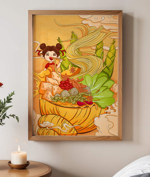 Ilustración colorida de un niño disfrutando de un tazón de fideos con verduras