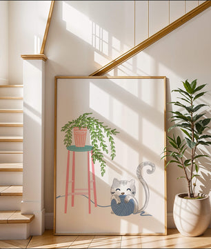 Cat Playing with Yarn Beside a Potted Plant on Pink Stool - Mi tienda