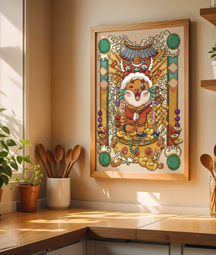 Bunte Illustration eines niedlichen Tieres in traditioneller Festtagskleidung mit goldenen Elementen