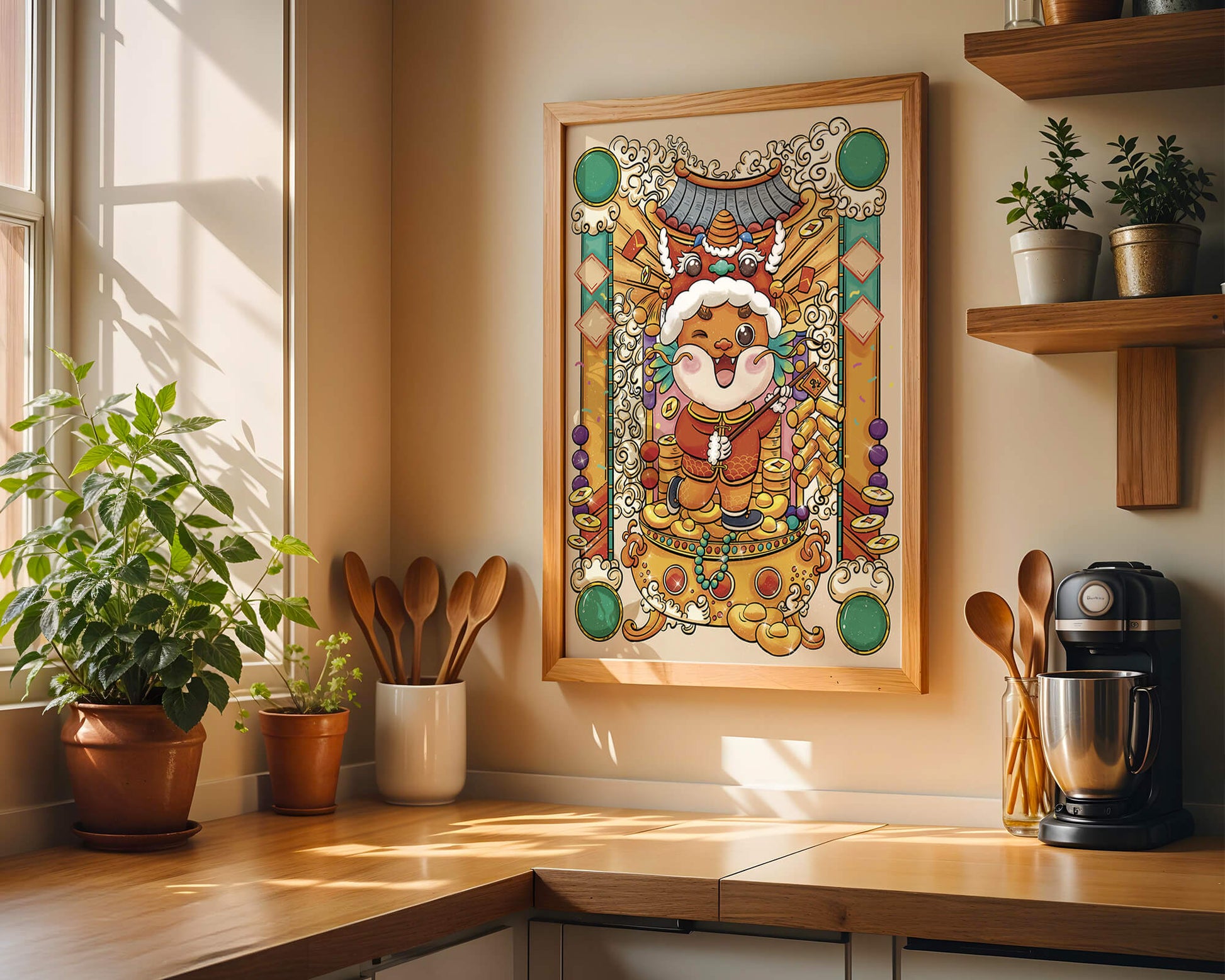 Ilustración colorida de un animal lindo en atuendo festivo tradicional con elementos dorados