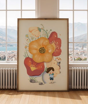 Charming Illustration of Children among Large Flowers with Playful Puppy