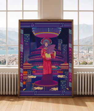 Futuristic Asian Inspired Artwork with Neon Colors and Geisha in Traditional Attire