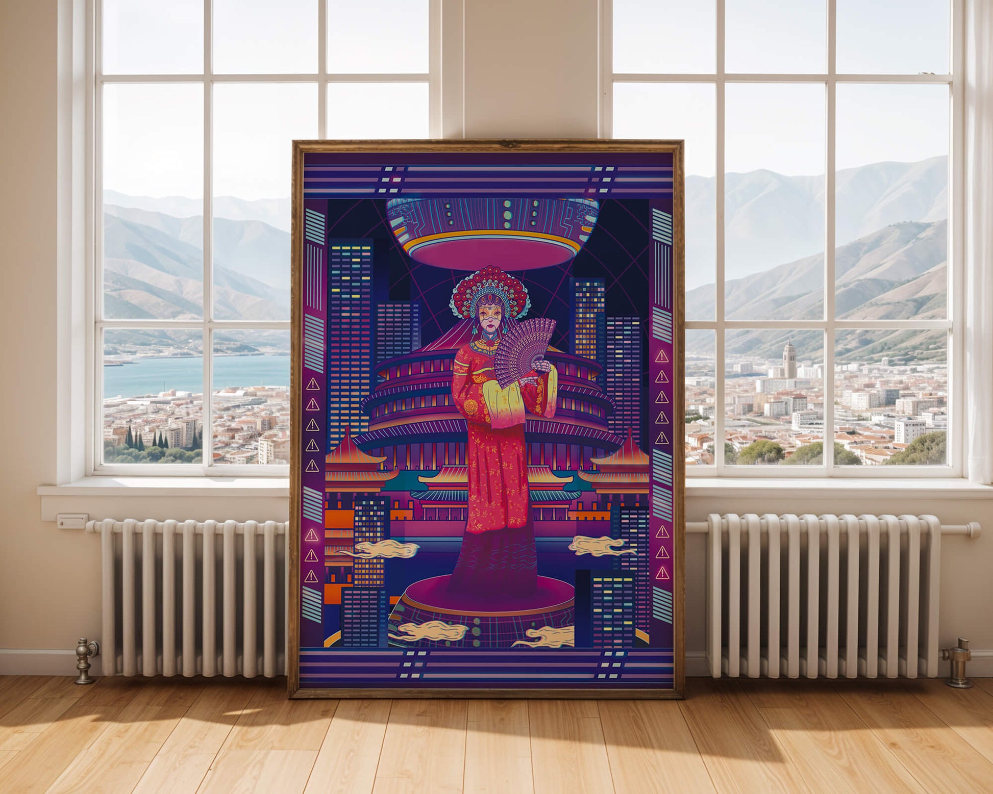 Futuristic Asian Inspired Artwork with Neon Colors and Geisha in Traditional Attire