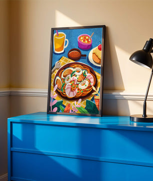 Escena ilustrativa de desayuno colorida con pasta y bebidas