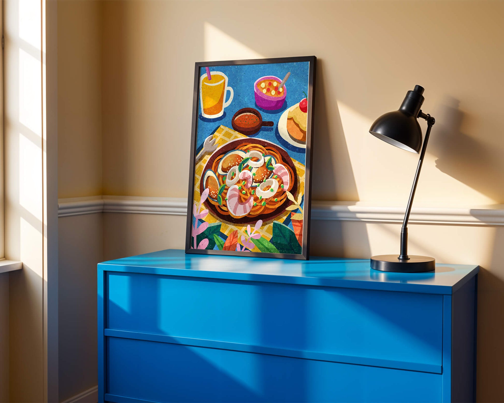 Colorful Illustrative Breakfast Scene with Pasta and Drinks