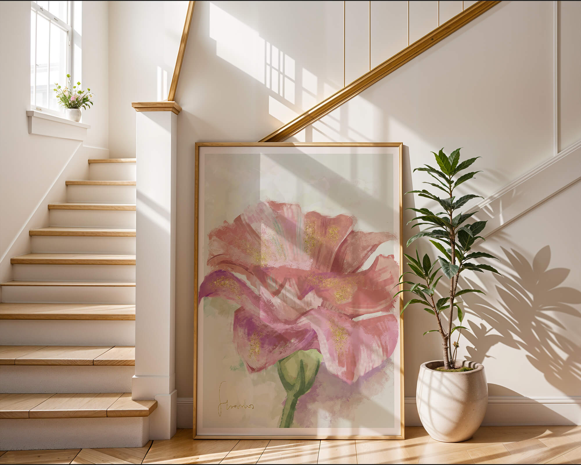 Vibrant pink flower with golden accents in abstract style