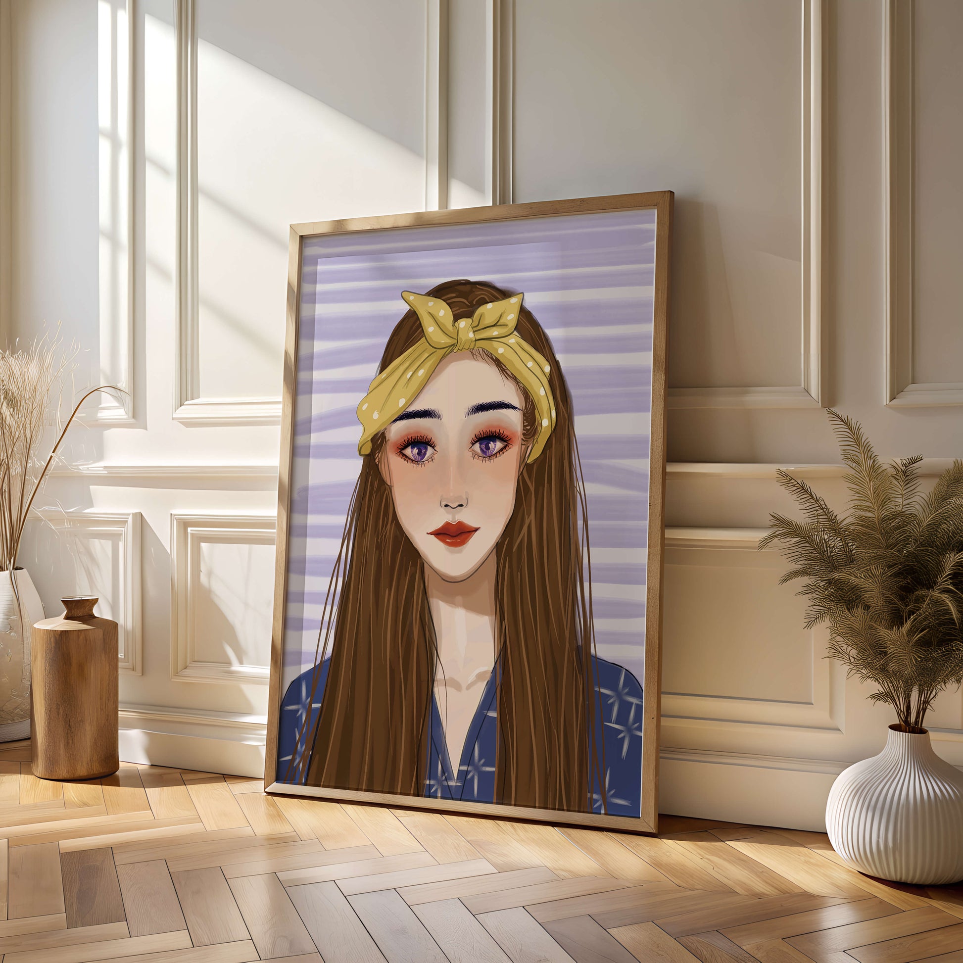 Illustration of a woman with a yellow headband against a striped background