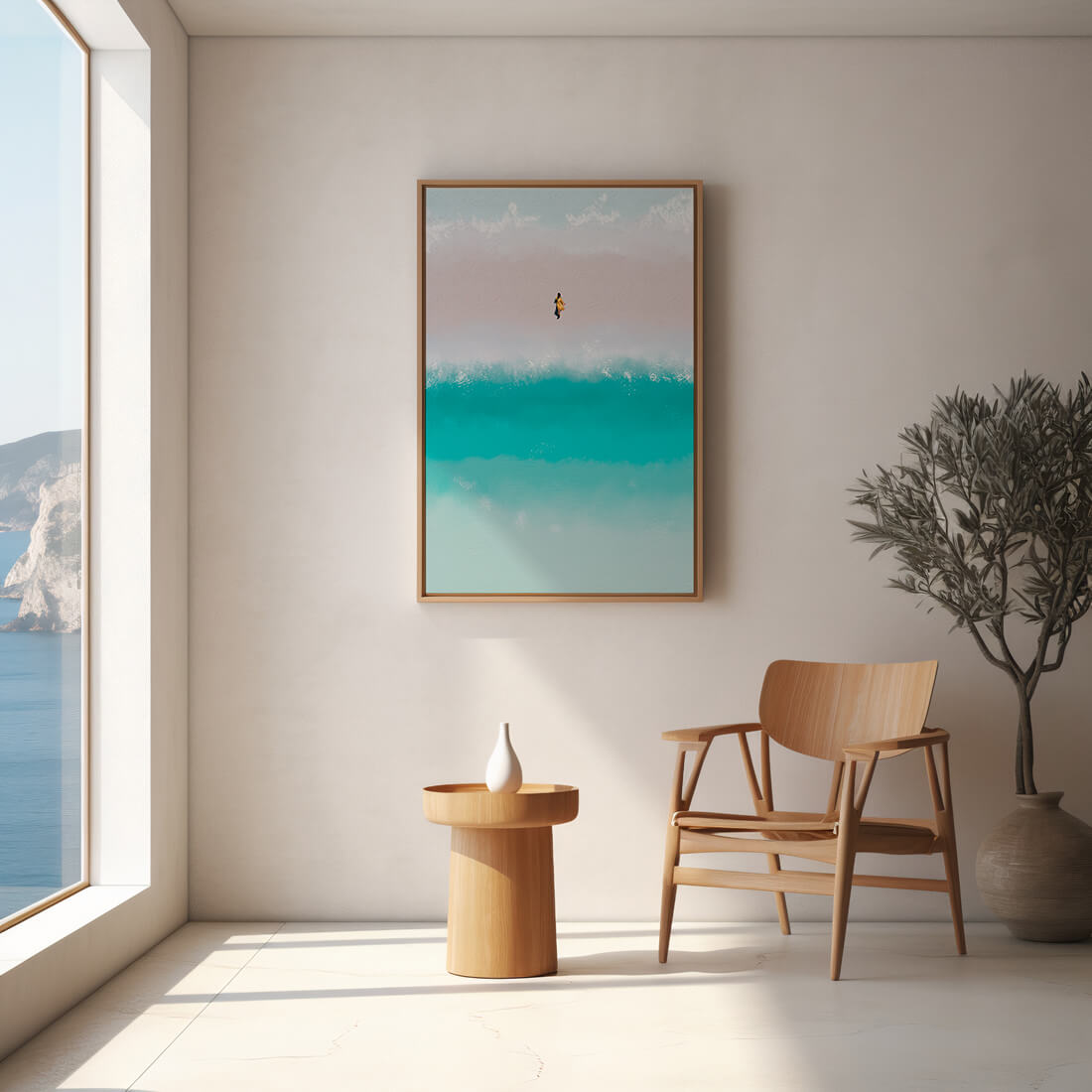 Serene beach with turquoise waves and solitary figure