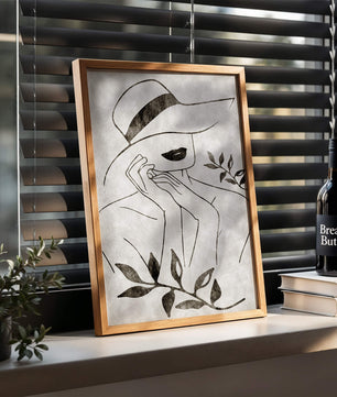 Abstract Woman in Hat with Minimalist Leaf Design