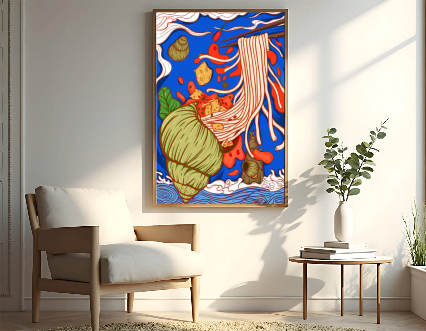 Ilustración intrincada de fideos con colores vibrantes y elementos detallados