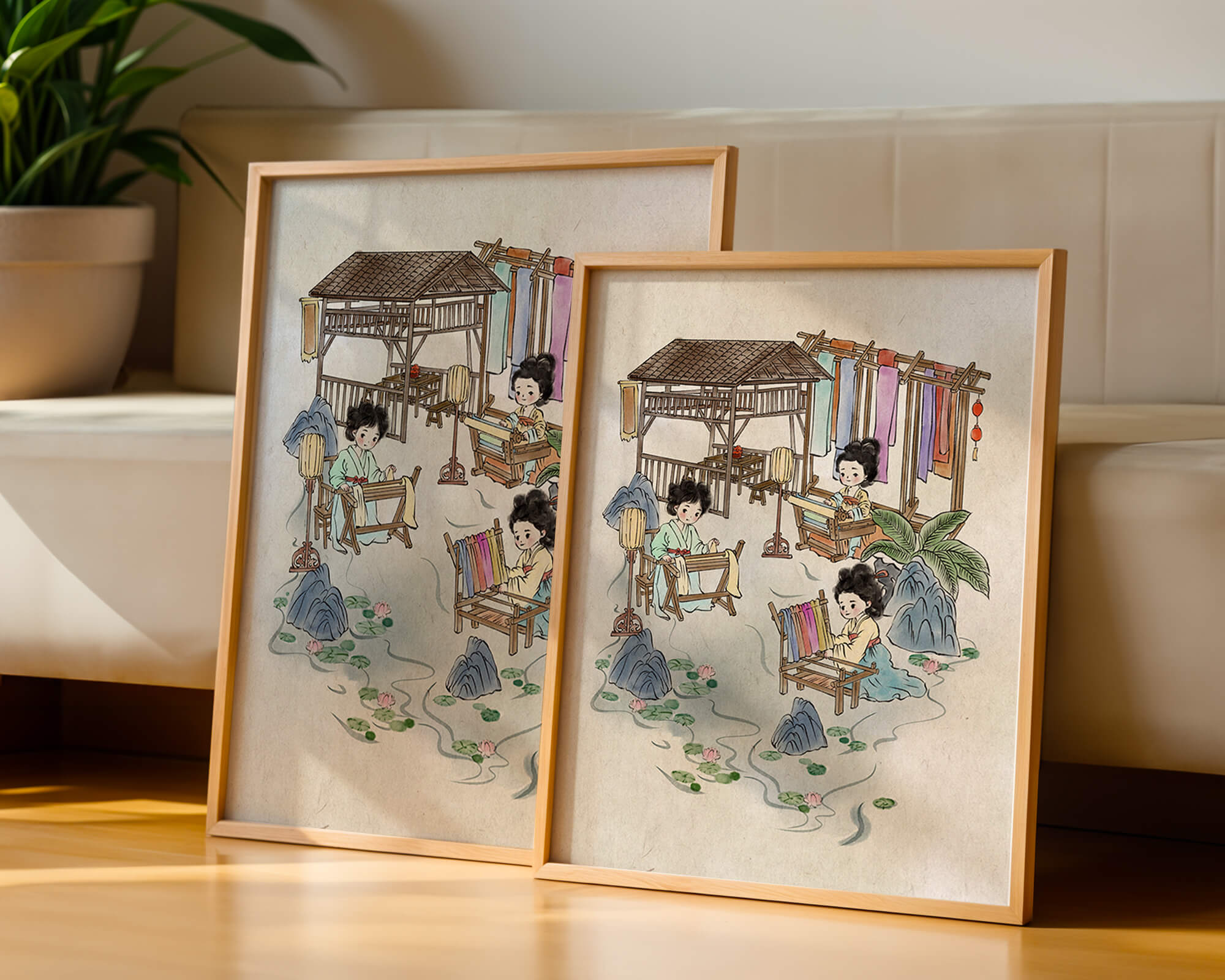 Charming illustration of traditional textile crafts in a serene setting