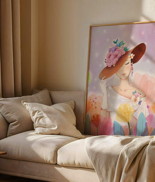 Mujer elegante con sombrero floral entre flores coloridas