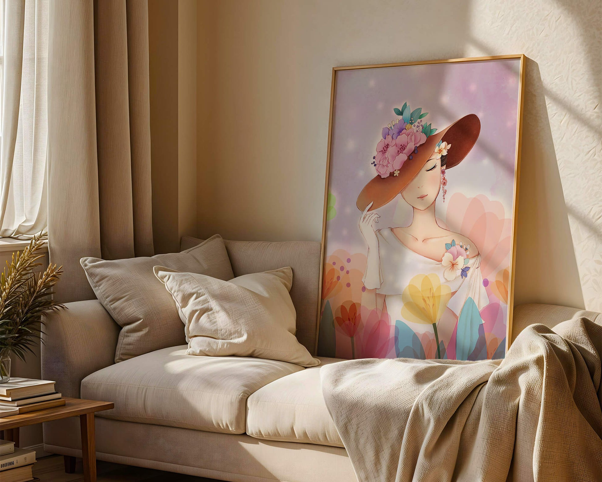 Mujer elegante con sombrero floral entre flores de colores