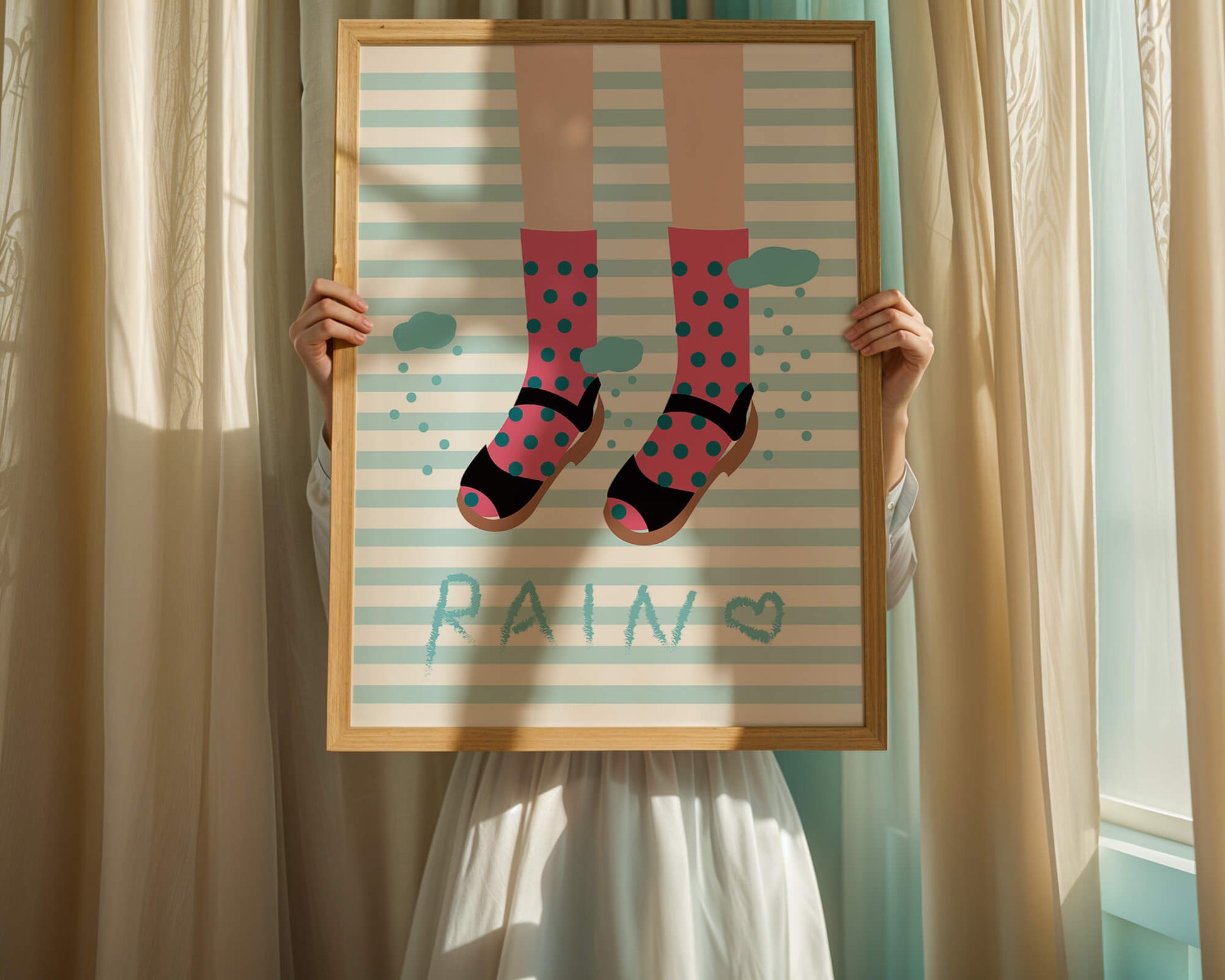 Illustration of polka dot socks and sandals on a striped background