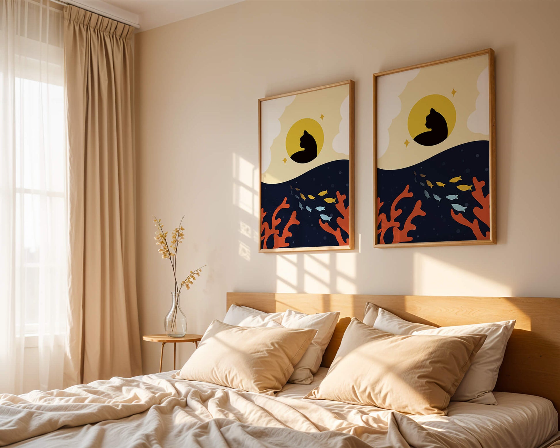 Ruhiges abstraktes Design mit Katzensilhouette und lebendiger Unterwasserszene