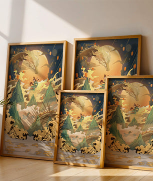 Mythical dragon and warrior painting with golden elements against a mountainous landscape