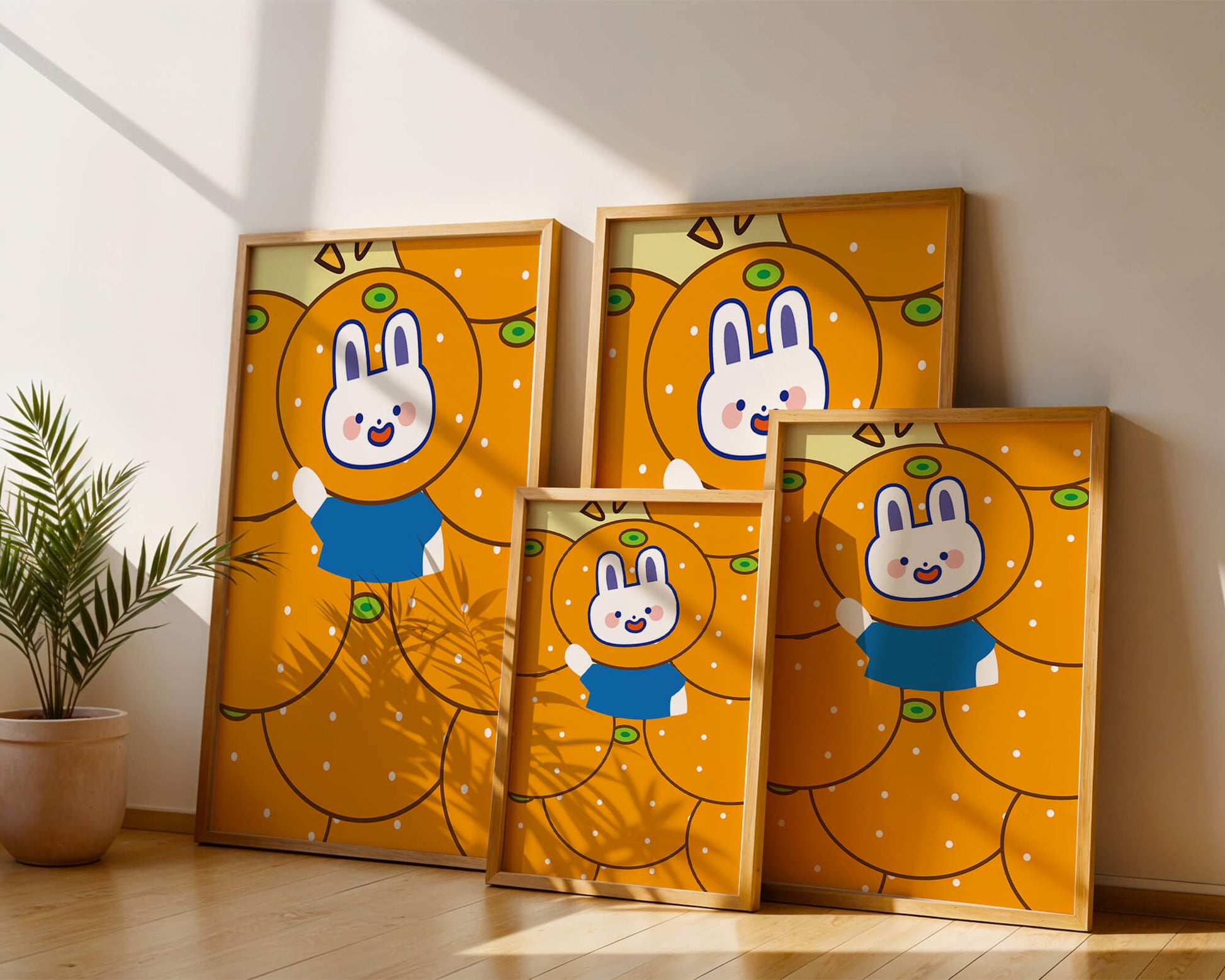 Whimsical illustration of a bunny surrounded by oranges