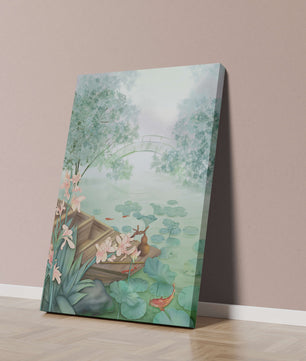Serene Pond with Wooden Boat and Bridge Under Misty Sky - Mi tienda