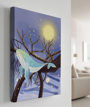Whale resting on tree branches under starry night sky