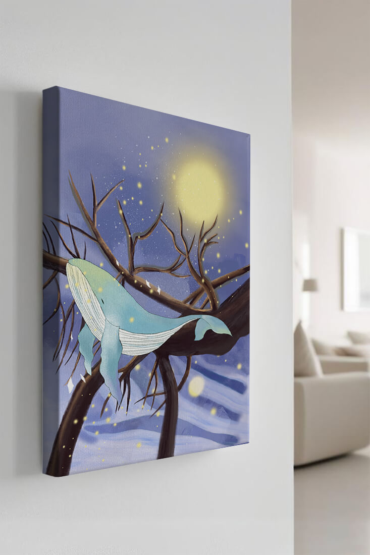 Whale resting on tree branches under starry night sky
