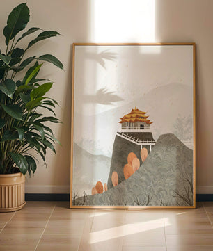 Serene landscape with traditional pagoda and autumn trees